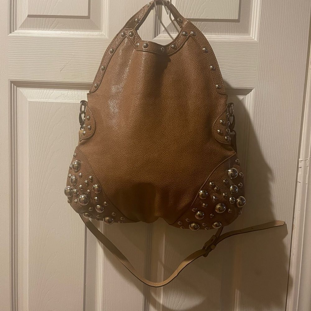 Charm & Luck Leather Brown Silver Studded Large Hobo Bag
